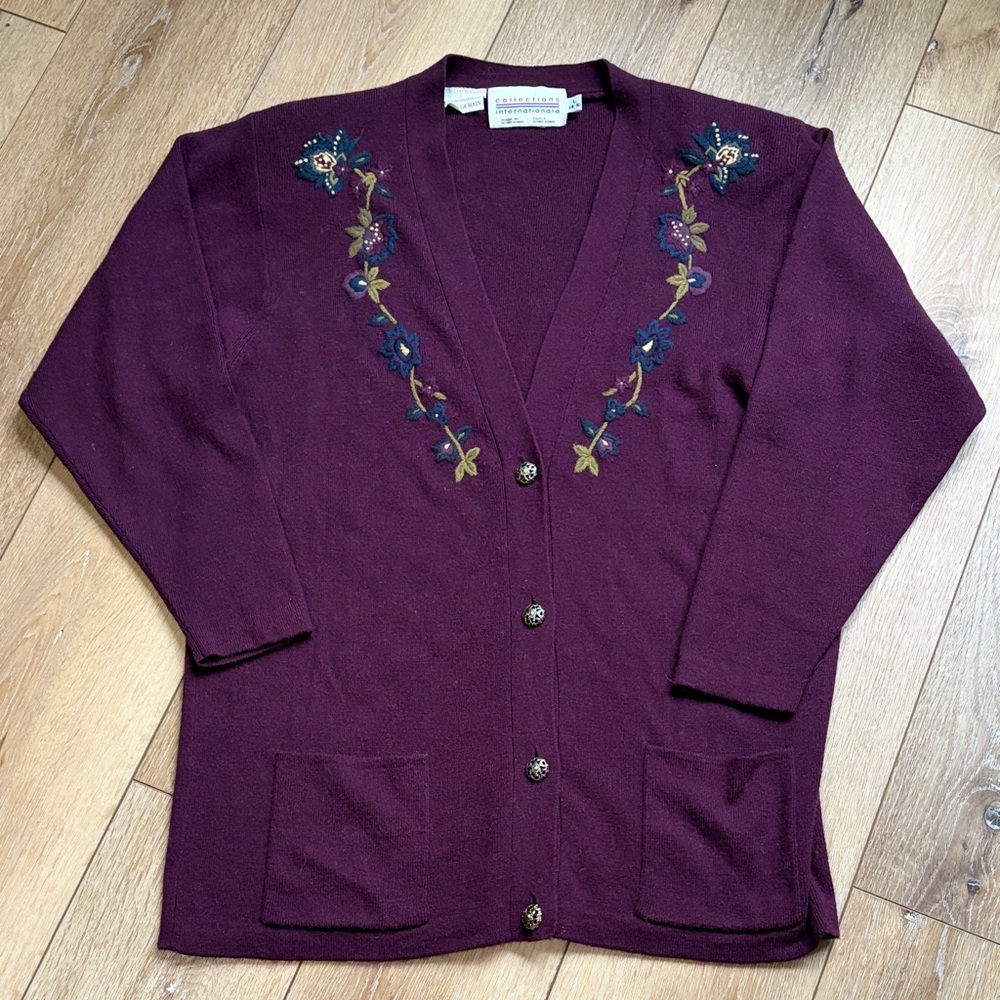 VTG Cottage Floral Embroidered Lambswool Purple Cardigan V-neck Womens Size L